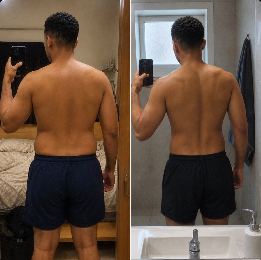 Antes y después de espalda de Diego, alumno de FSC+30, con la cintura más estrecha