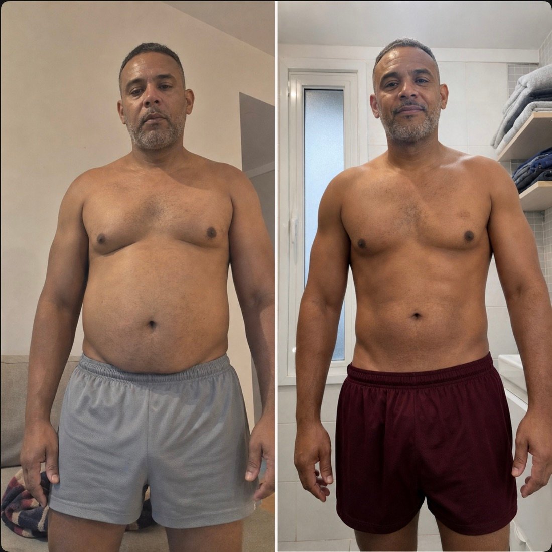 Antes y después de frente de Esteban, alumno de FSC+30 con canas: pierde la barriga y marca abdomen