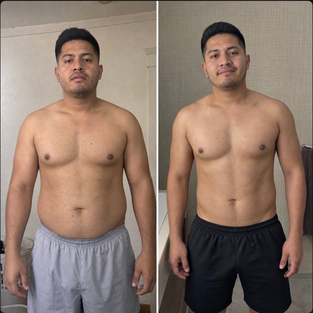 Antes y después de frente de Luis, alumno de FSC+30, con más pecho y menos cintura
