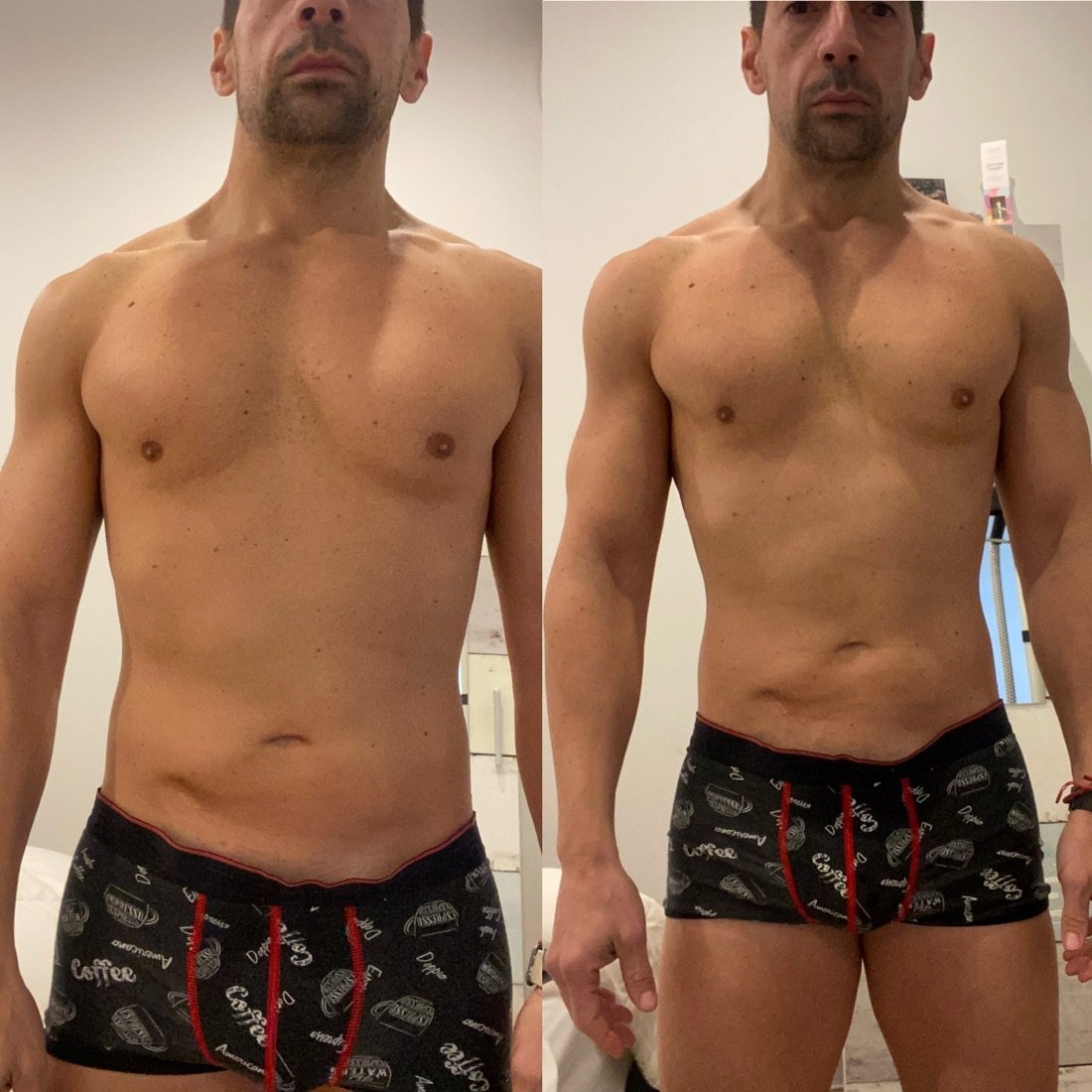Antes y después de Rubén, alumno de FSC+30 que ya entrenaba: más brazos, pecho y abdomen