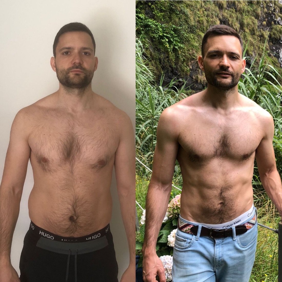 Antes y después de Martín, alumno de FSC+30, con el abdomen marcado en vacaciones